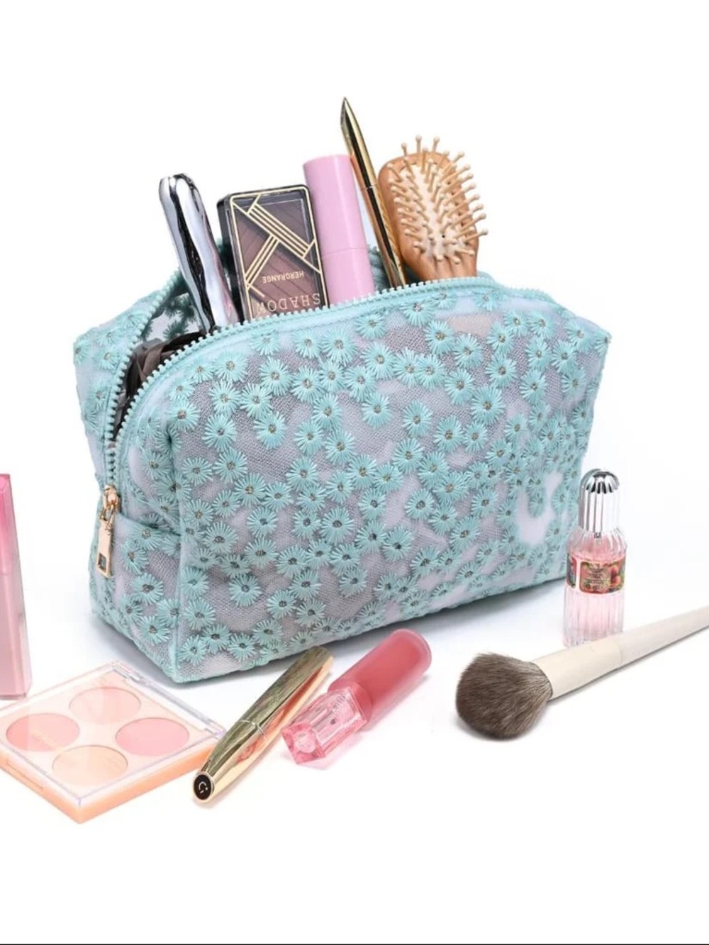 Floral Embroidered Light Blue Cosmetic Bag - Women Bags